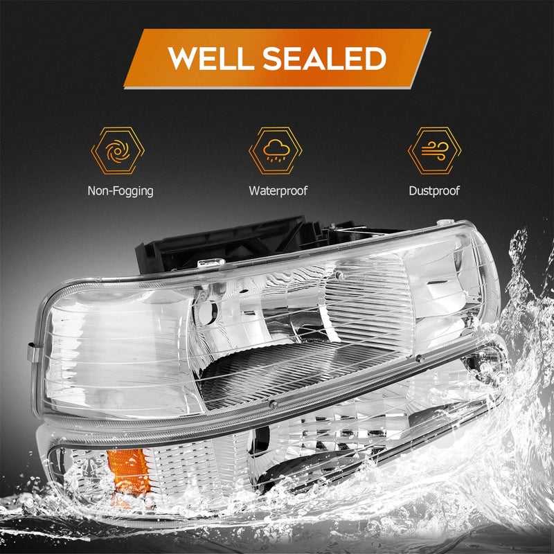 LBRST Headlight Assembly For Chevrolet Silverado 1500 1999-2002/For Chevrolet Silverado 2500 1999-2002 Chrome Housing Amber Reflector Clear Lens Driver and Passenger Side Headlamp - Image 5
